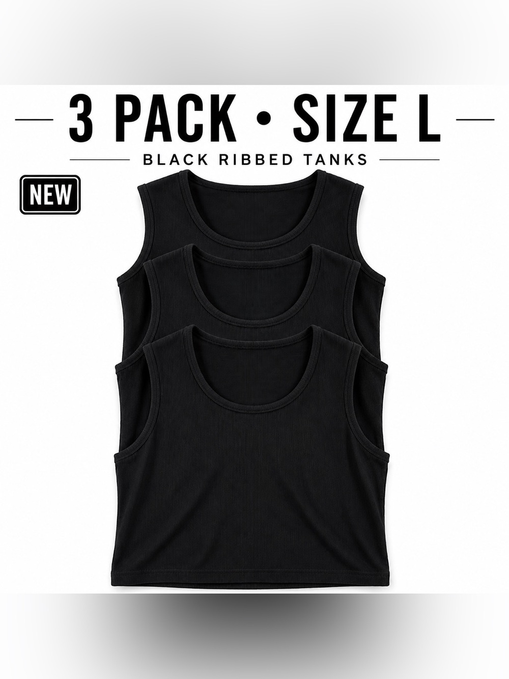 NEW 3-Pack Women’s Black Ribbed Tank Tops Size Large